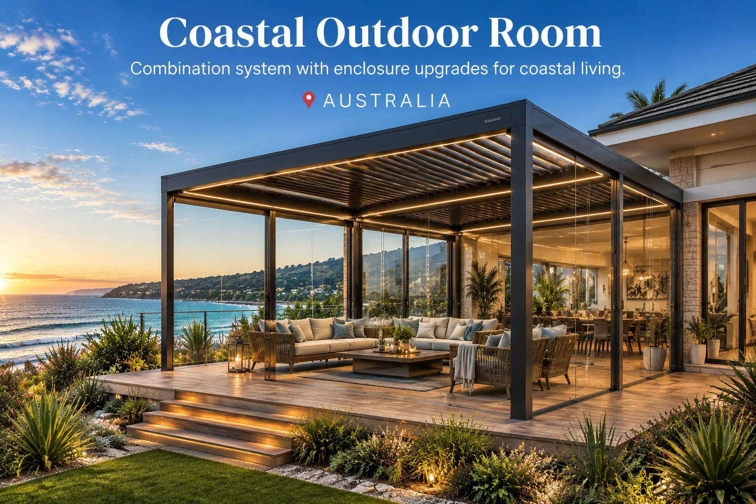 Combination aluminum pergola for a coastal outdoor room in Australia