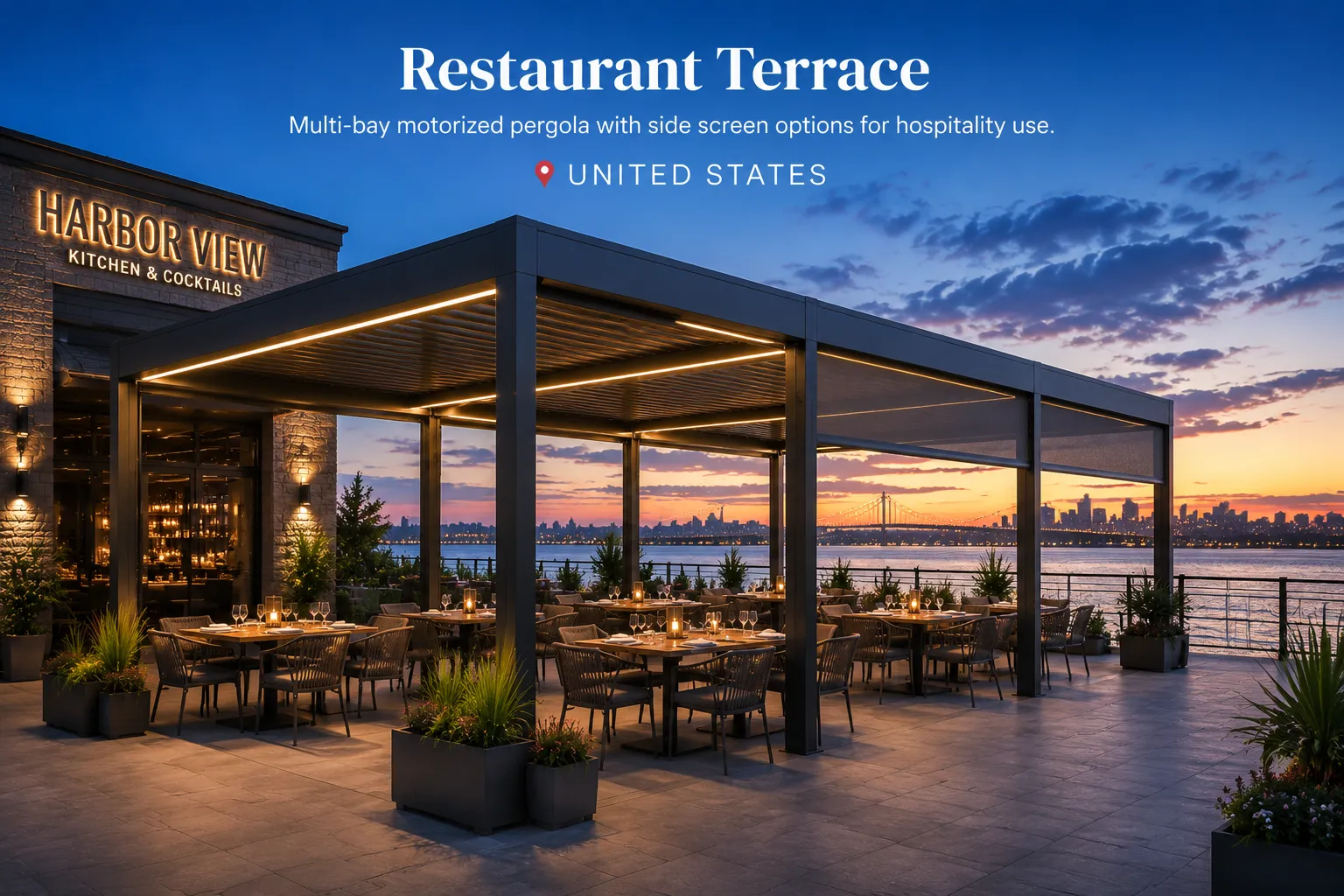 Multi-bay motorized aluminum pergola for a United States restaurant terrace