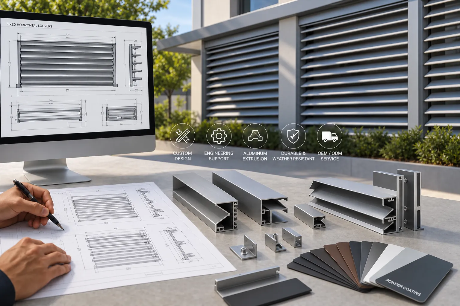 Architectural aluminum louver design with technical drawings, extrusion profiles, brackets and finish samples