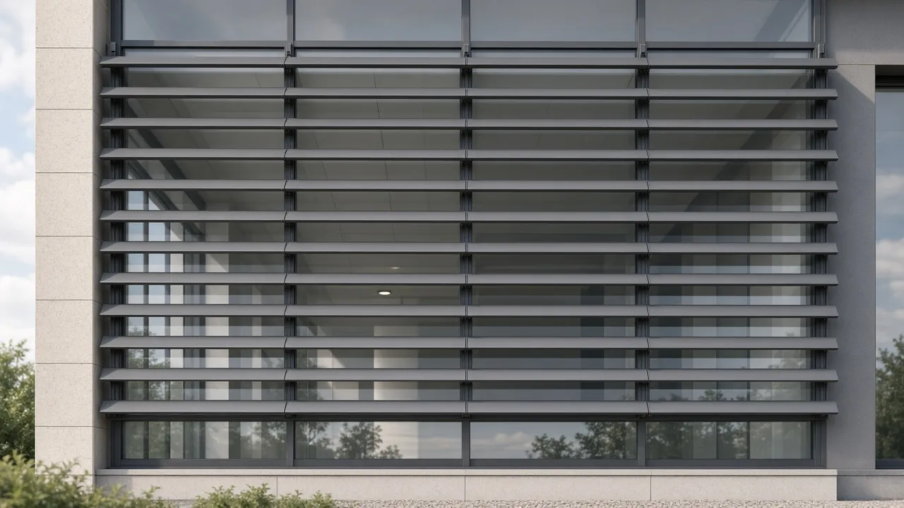 Fixed horizontal aluminum louvers across a glazed commercial facade