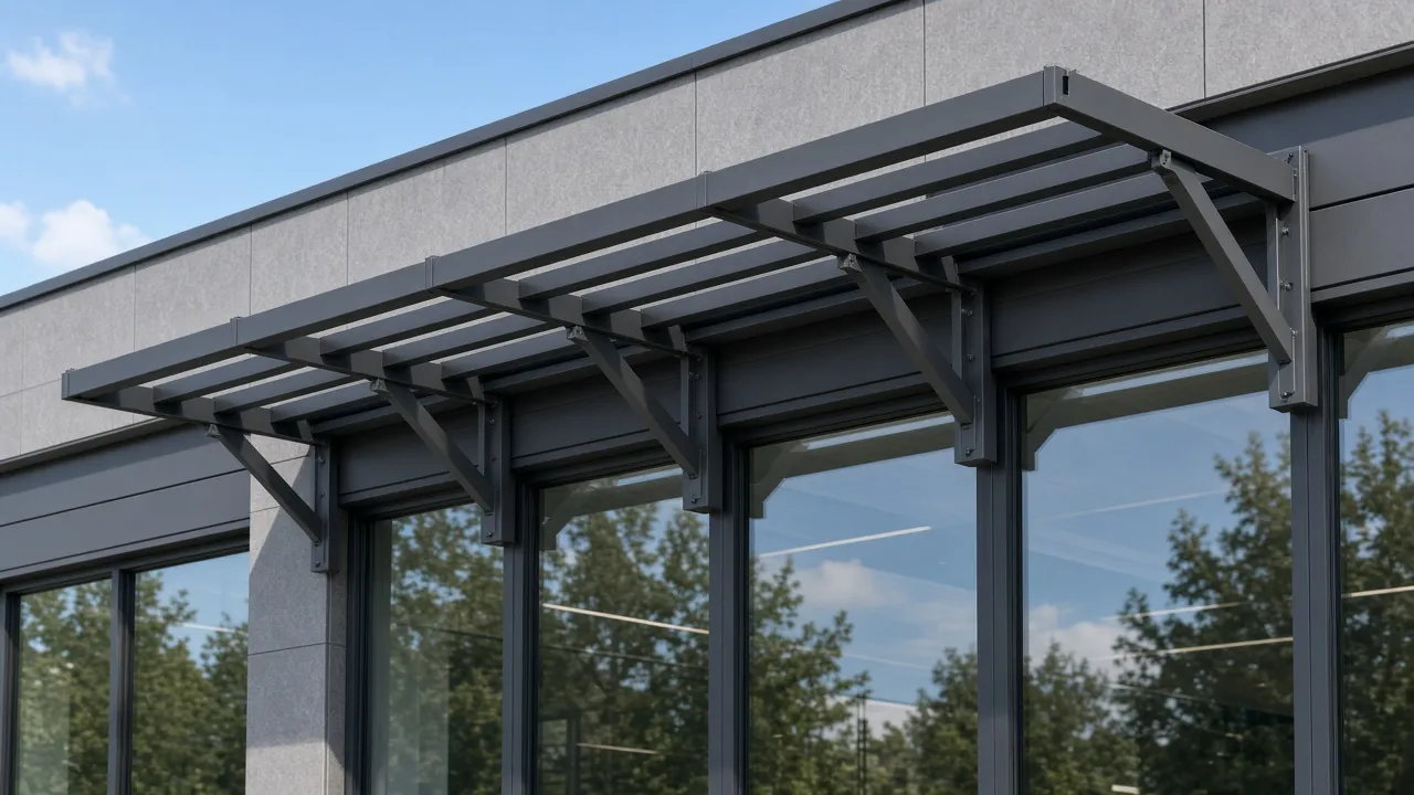 Cantilevered aluminum projection sunshade above windows