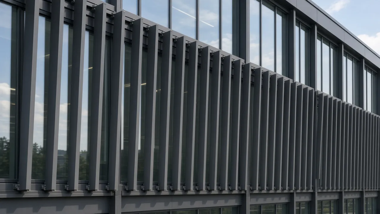Vertical aluminum fin louvers in front of floor-to-ceiling glazing