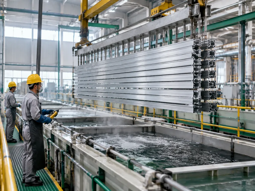 Aluminum profiles suspended above an anodizing treatment line