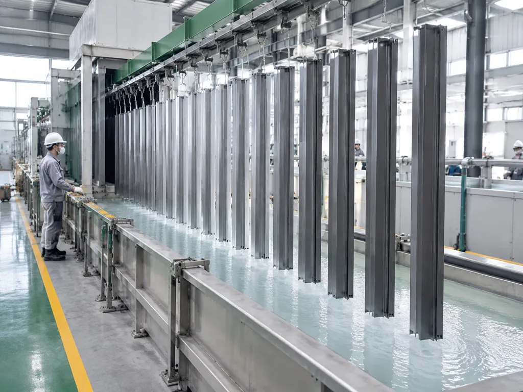 Aluminum profiles arranged on an electrophoretic coating line