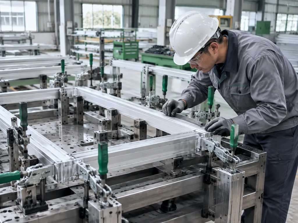 Aluminum frame located and checked in an assembly fixture
