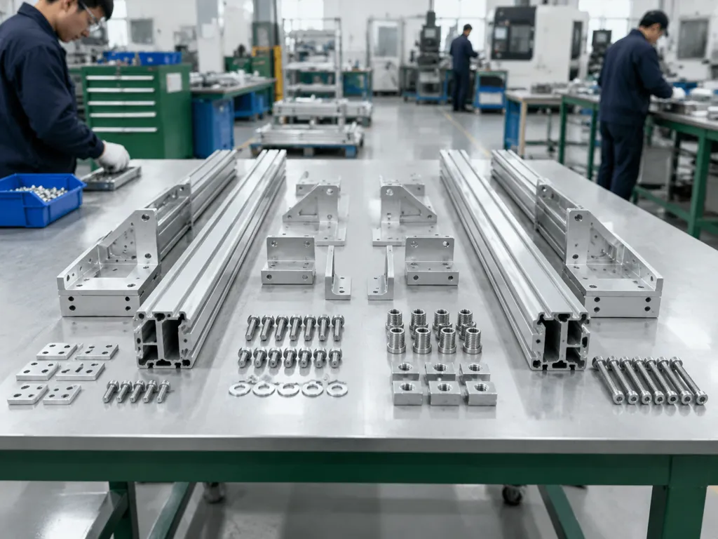 Machined aluminum profiles, brackets and hardware arranged as an assembly-ready kit