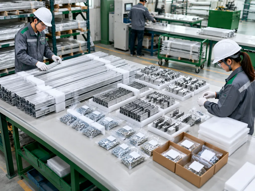 Aluminum profiles, machined parts and hardware organized as project kits