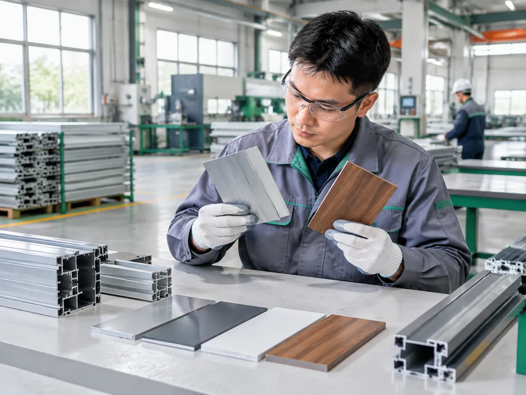 Technician comparing aluminum finish samples for appearance approval